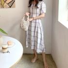 Square-neck Tie-waist Plaid Dress Ivory - One Size