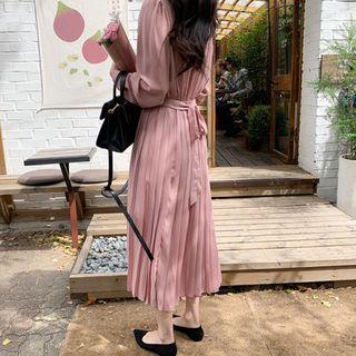 Accordion-pleat Shirred Long Shirtdress Pink - One Size