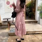 Accordion-pleat Shirred Long Shirtdress Pink - One Size