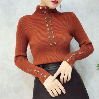 Buttoned Knit Pullover Mock Neck