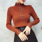 Buttoned Knit Pullover Mock Neck