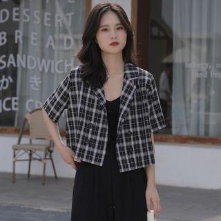 Short-sleeve Double-breasted Plaid Cropped Blazer