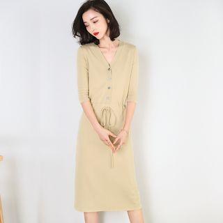 Elbow-sleeve Drawstring-waist Knit Dress