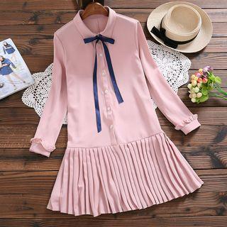 Long Sleeve Lace-up Pleated Shirtdress