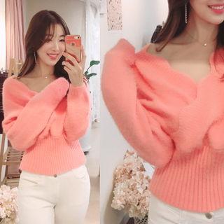Scallop-edge Wrap-front Furry Sweater