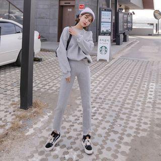 Set: Cutout-shoulder Fleece-line Pullover + Band-waist Fray-hem Pants