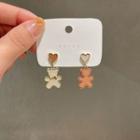 Heart Bear Alloy Dangle Earring 1 Pair - Silver Needle - Bear - White & Coffee - One Size