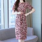Short-sleeve Leopard Midi Sheath Dress