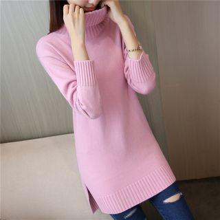 Slit-side Plain Turtleneck Long Sweater