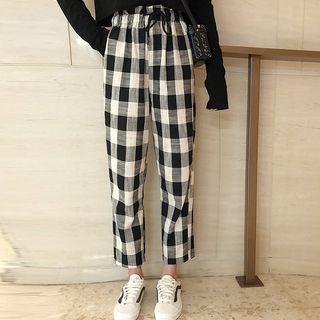 Long-sleeve Crop T-shirt / Plaid Harem Pants