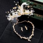 Wedding Set: Faux Pearl Faux Crystal Tiara + Necklace + Dangle Earring