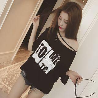 Elbow-sleeve Printed Cutout Long T-shirt