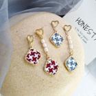 Non-matching Fabric Square Faux Pearl Dangle Earring