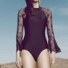 Lace Panel Long-sleeve Swimsuit