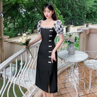 Puff-sleeve Frog-buttoned Midi A-line Dress
