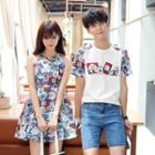 Couple Matching Print Short Sleeve T-shirt / A-line Dress