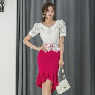 Lace Short-sleeve Top / Ruffle Hem Pencil Skirt