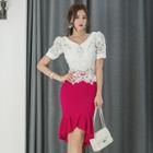 Lace Short-sleeve Top / Ruffle Hem Pencil Skirt