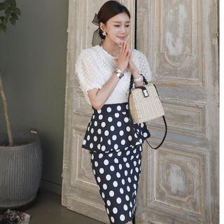 Set: Puff-sleeve Top + Dotted Fitted Skirt + Camisole Top