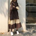 Mock-two Long-sleeve Loose-fit Pleated Dress Coffee - One Size