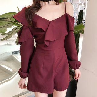 Long-sleeve Cold-shoulder Ruffle-trim Playsuit