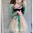 Lace Trim Bow Camisole / Long-sleeve Cropped Cardigan / Mesh Layer Skirt