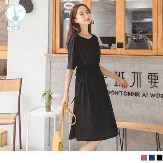 Short Sleeve Plain Ruffled Drawstring Waist A-line Dress