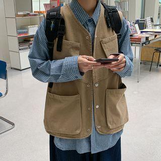 V-neck Pocket Front Button-up Vest