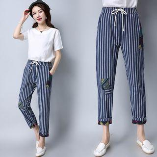 Patterned Panel Striped Drawstring Pants