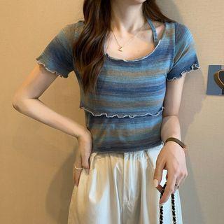 Set: Short-sleeve Striped Crop Top + Halter Camisole Top