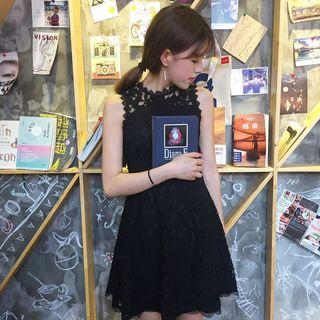 Sleeveless Tie-waist Crewneck Lace A-line Dress