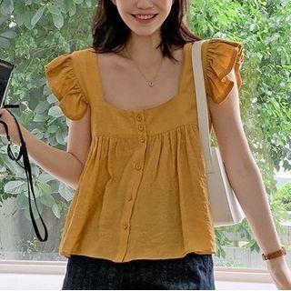 Cap-sleeve Square-neck Flowy Top Mustard Yellow - One Size