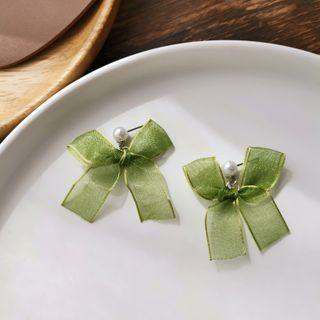 Faux Pearl Bow Fabric Dangle Earring 1 Pair - Earring - Bow - Green - One Size