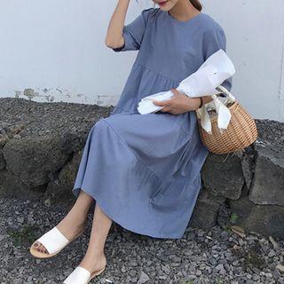 Plain Elbow Sleeve Tiered Dress
