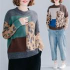 Color Panel Leopard Print Knit Sweater