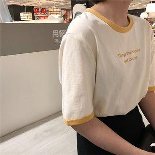 Lettering Printed Color-block Short-sleeve Top