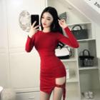 Long-sleeved Tie-waist Crewneck Plain Dress