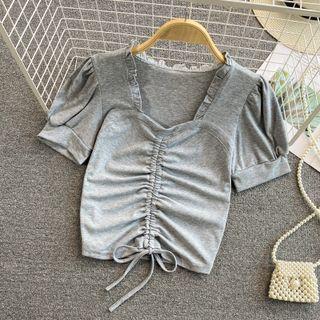 Frilled Short Sleeve Drawstring Top