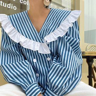 Frilled-collar Double-breasted Striped Blouse