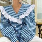 Frilled-collar Double-breasted Striped Blouse