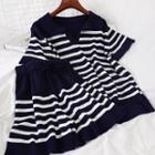 Set: Striped Short-sleeve Knit Polo Shirt + Striped Drawstring-waist Knit Shorts