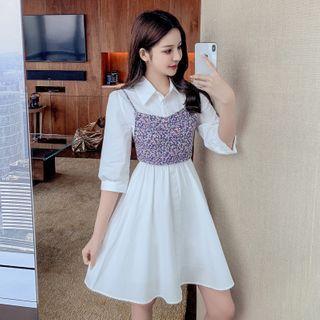 Set: Elbow-sleeve Mini A-line Dress + Spaghetti Strap Floral Print Top