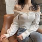Off-shoulder Frilled Long-sleeve Knit Top White - One Size