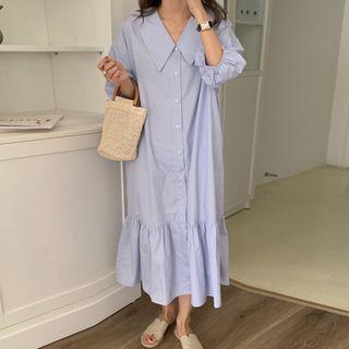 Elbow-sleeve Wide-collar Maxi Shift Dress
