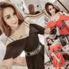 Letter Strap Cut Out Shoulder Elbow Sleeve A-line Dress