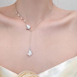 Faux Pearl 925 Sterling Silver Butterfly Pendant Necklace