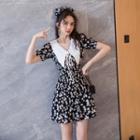 Short-sleeve Floral Print Contrast Collar Mini A-line Dress