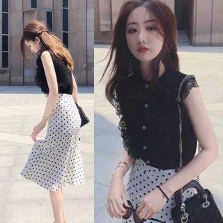 Set: Lace Sleeveless Top + Dot Print Midi Skirt