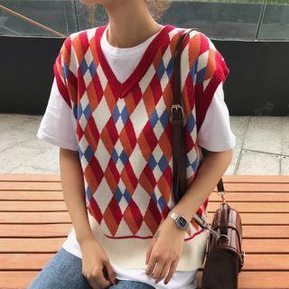 Short-sleeve Plain T-shirt / Argyle Sweater Vest