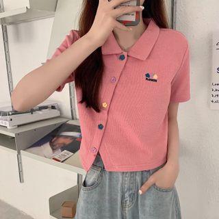 Short-sleeve Collar Button-up Flower Print T-shirt
